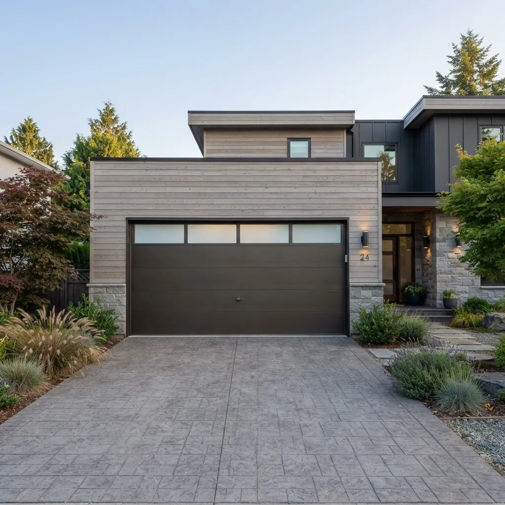 front view of a contemporary double garage door featuring large rectangular frosted glass windows horizontally aligned, set on a modern