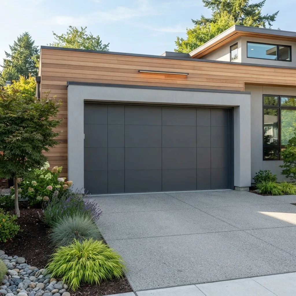 brightly lit close-up of a sleek modern garage door on a suburban home, showing minimalist design with smooth surfaces and clean lines,