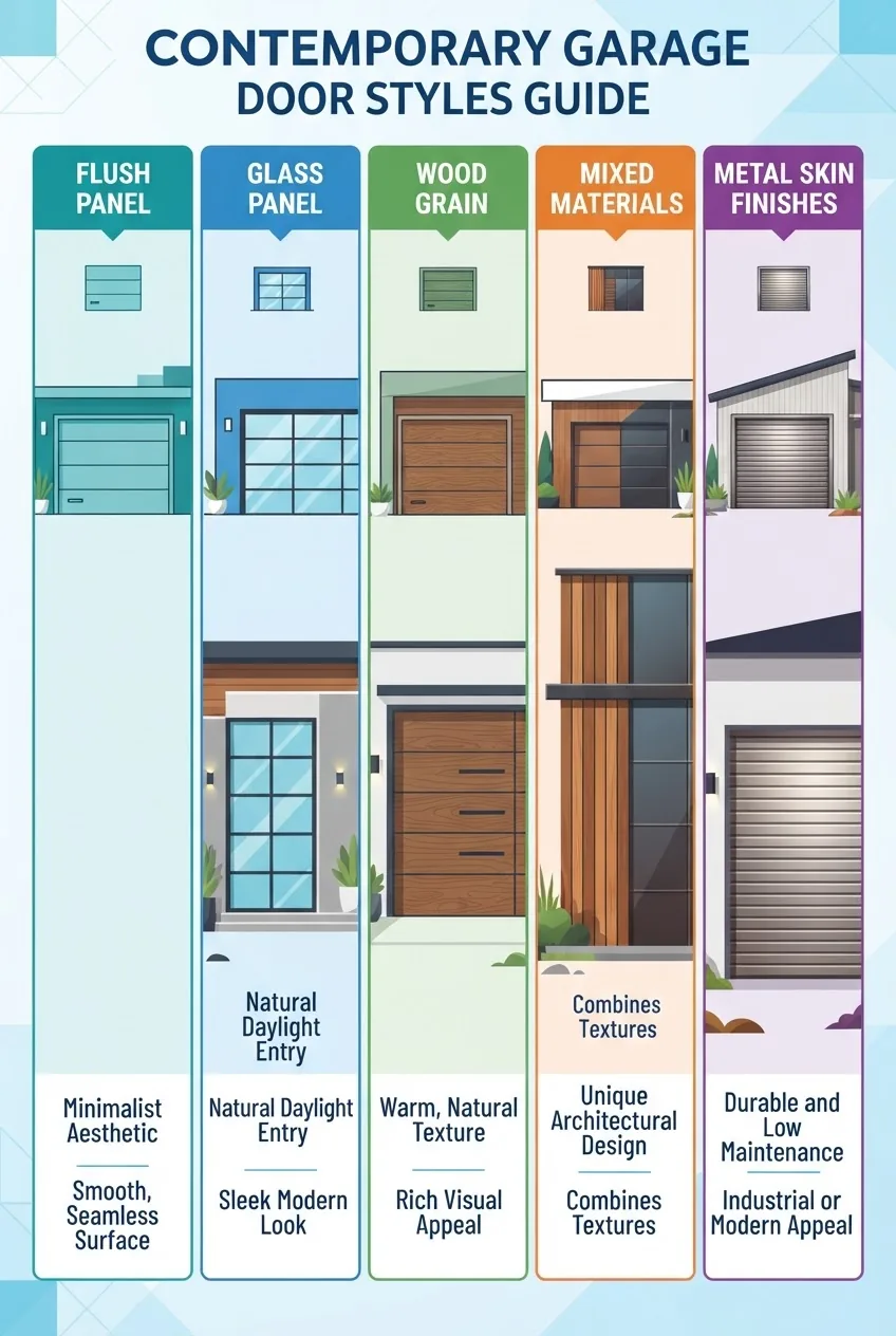 A five-column infographic presenting different contemporary garage door styles: flush panel, glass panel, wood grain, mixed materials, and