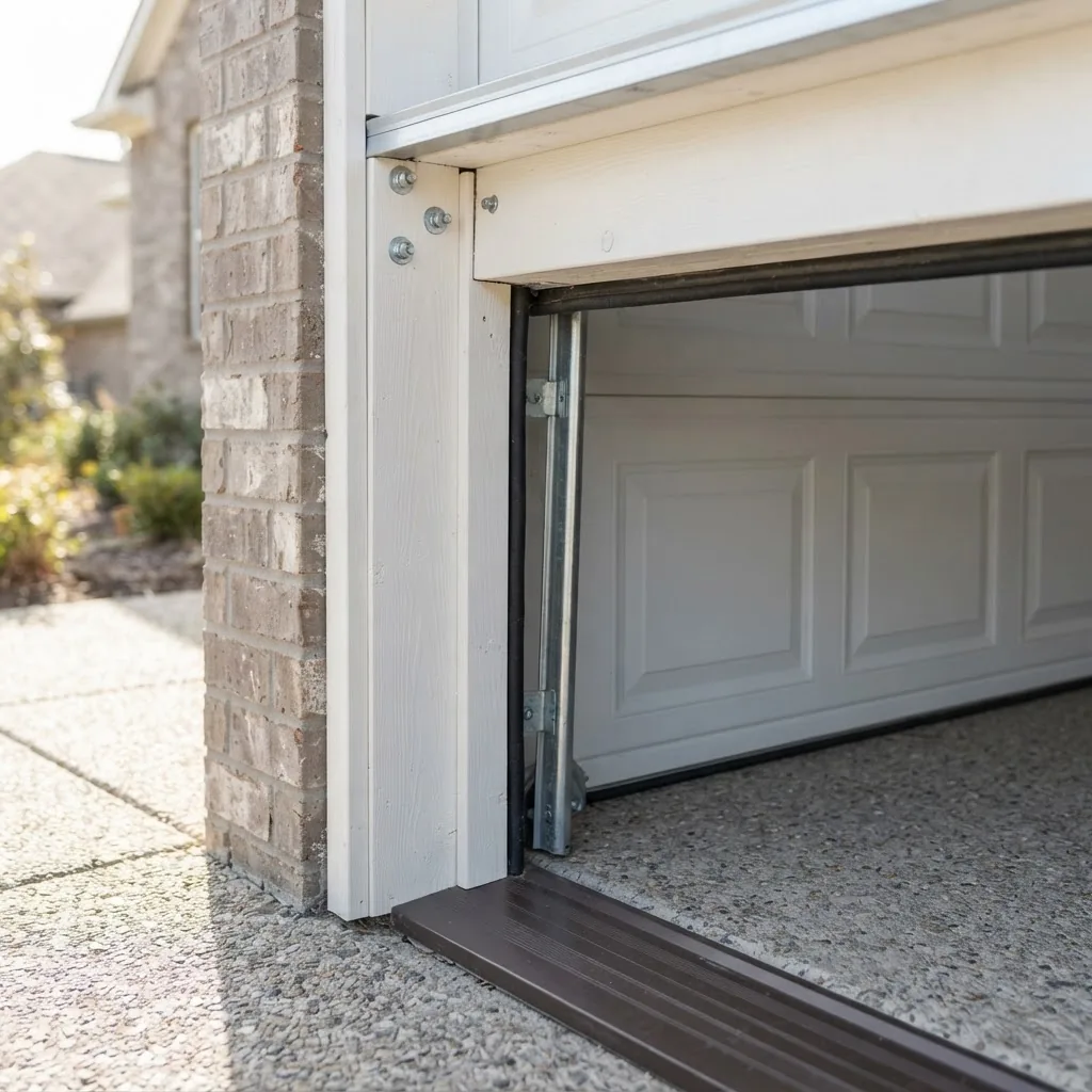 Close-up photograph of a residential garage door frame highlighting side jambs, header, and threshold parts from a front-left angle with