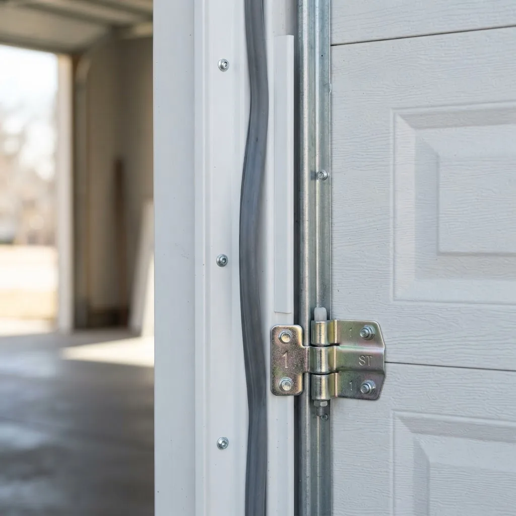 Detailed photo focusing on garage door frame weatherstripping, stop molding, and hardware mounting points under bright daylight, showing