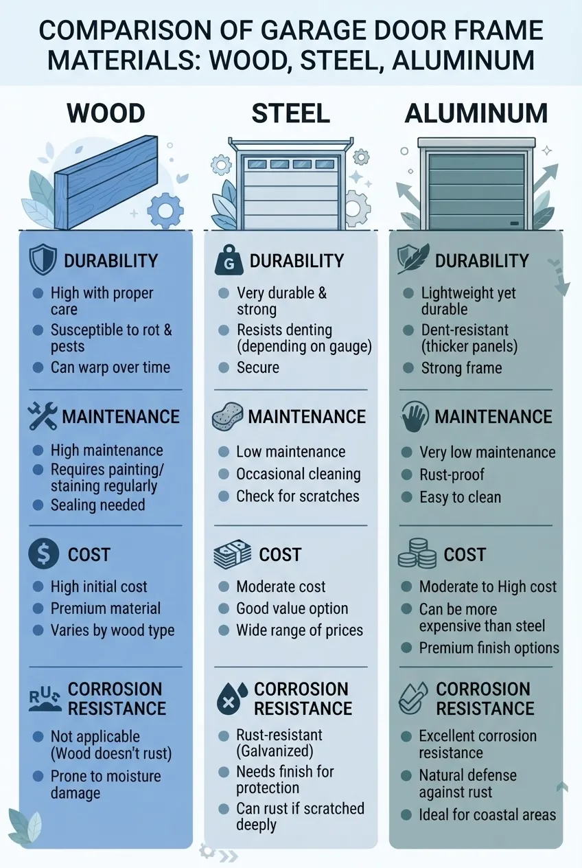 Infographic comparing three main garage door frame materials—wood, steel, aluminum—in three columns; each column includes icons for