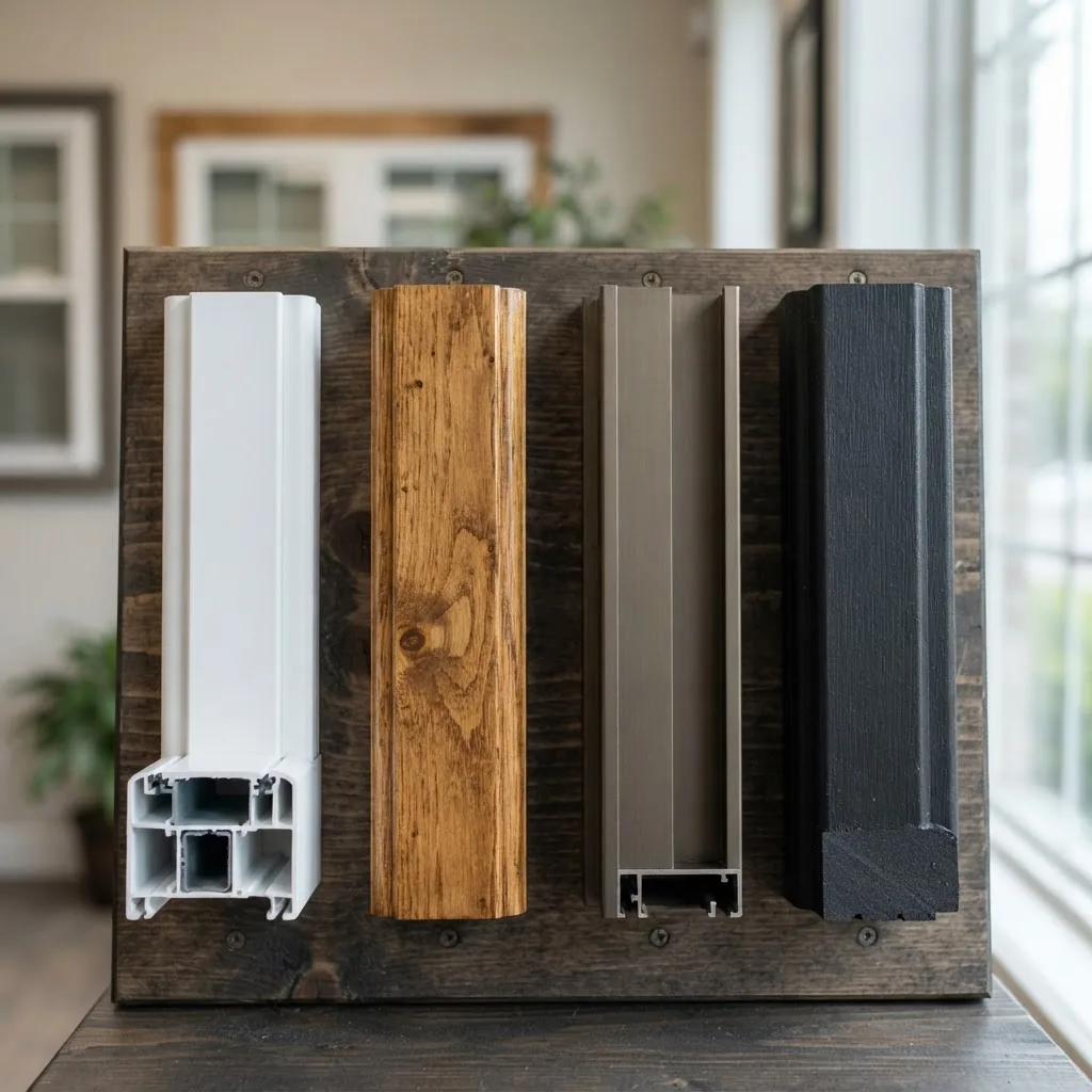 Close-up photo of various patio door frame materials displayed side by side on a sample board: vinyl, wood, aluminum, and fiberglass