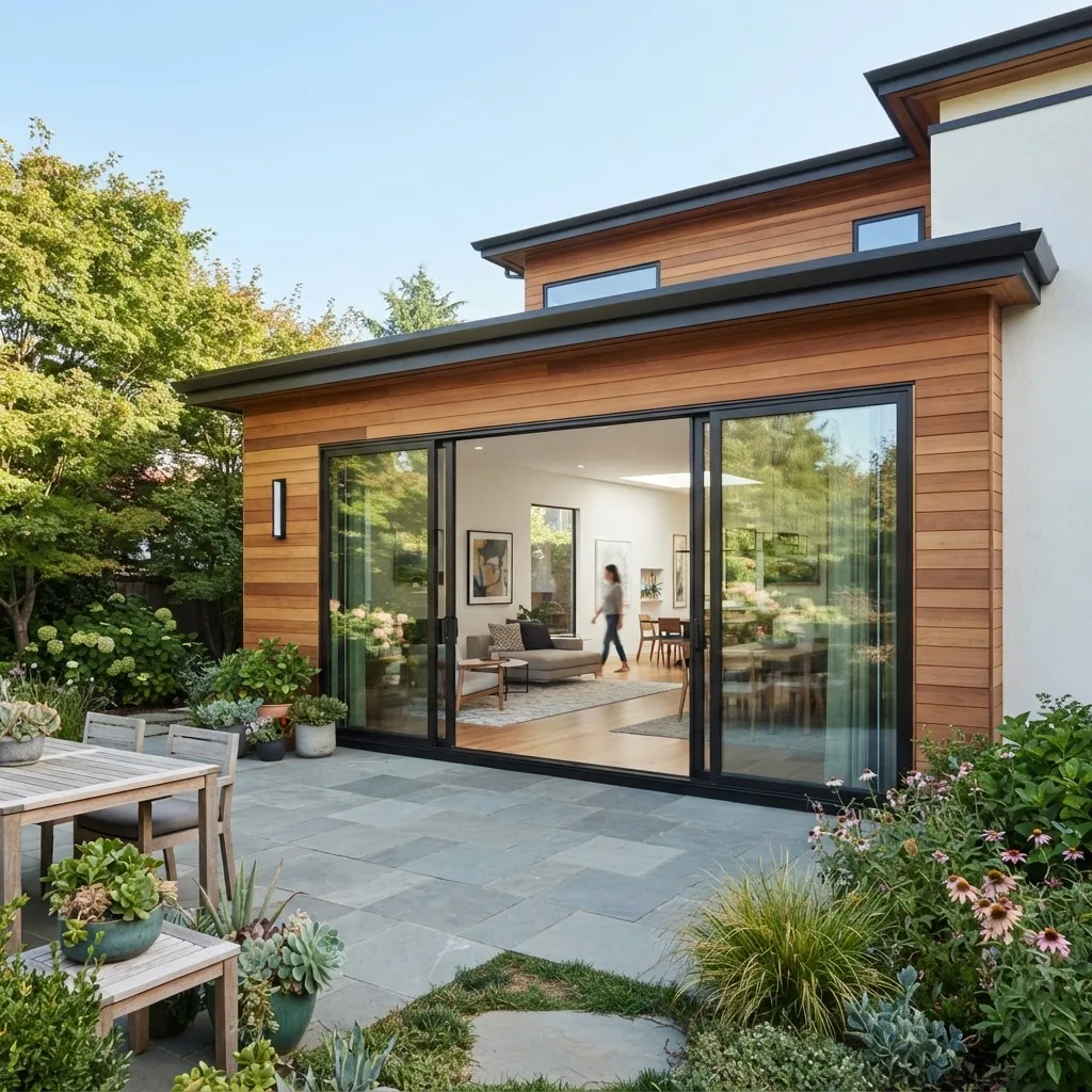 Photo of a modern home exterior featuring a large 12-foot wide sliding glass patio door with 4 panels, showing an open and closed