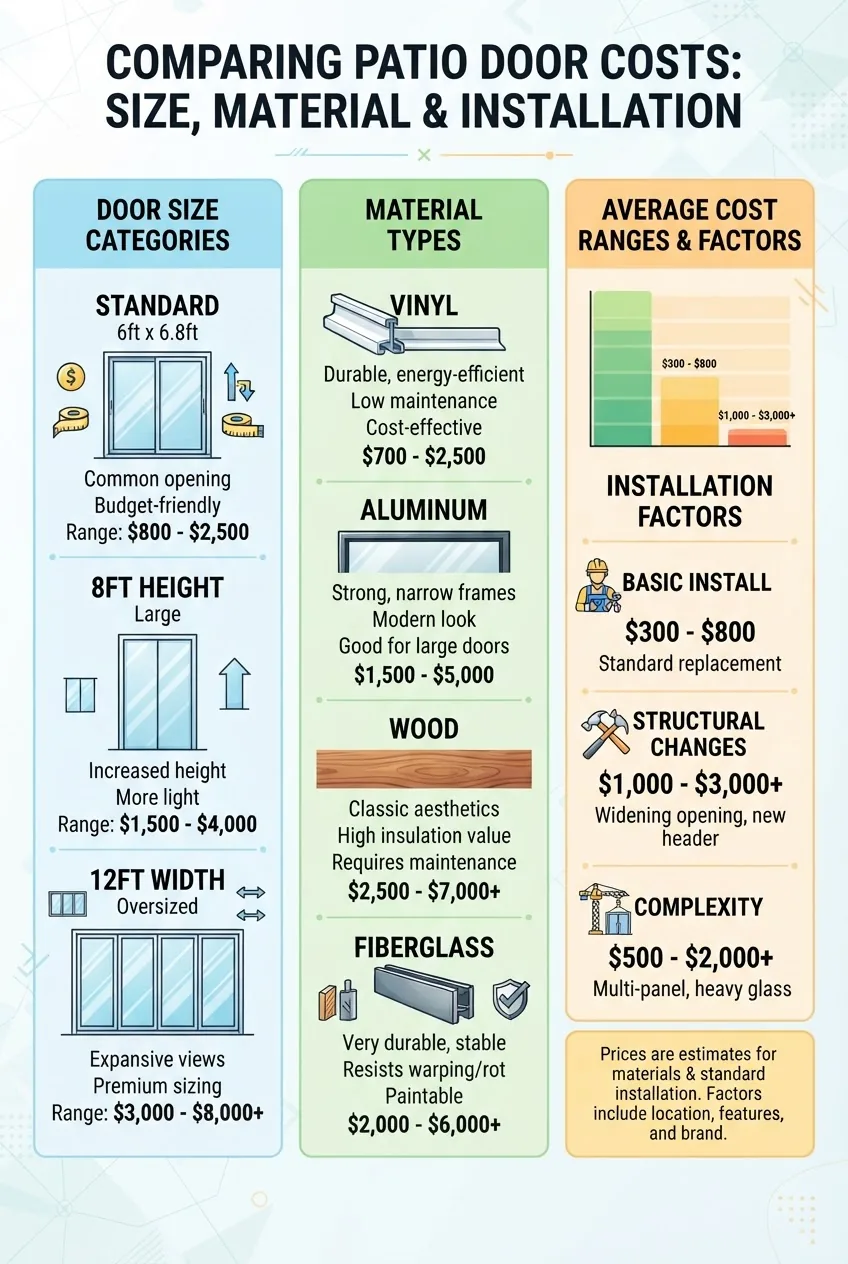 comparing patio door costs by size, material, and installation type, structured as three columns: (1) Door Size Categories (standard, 8ft,