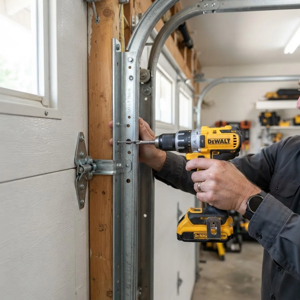 Close-up image of a person using a power drill to secure a recessed panel garage door track inside a garage, well-lit indoors, showing