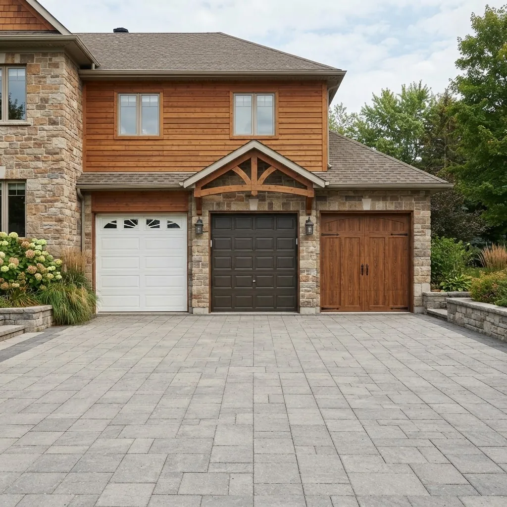 A clear exterior photo showing three distinct recessed panel garage door styles including a long panel garage door with decorative windows,