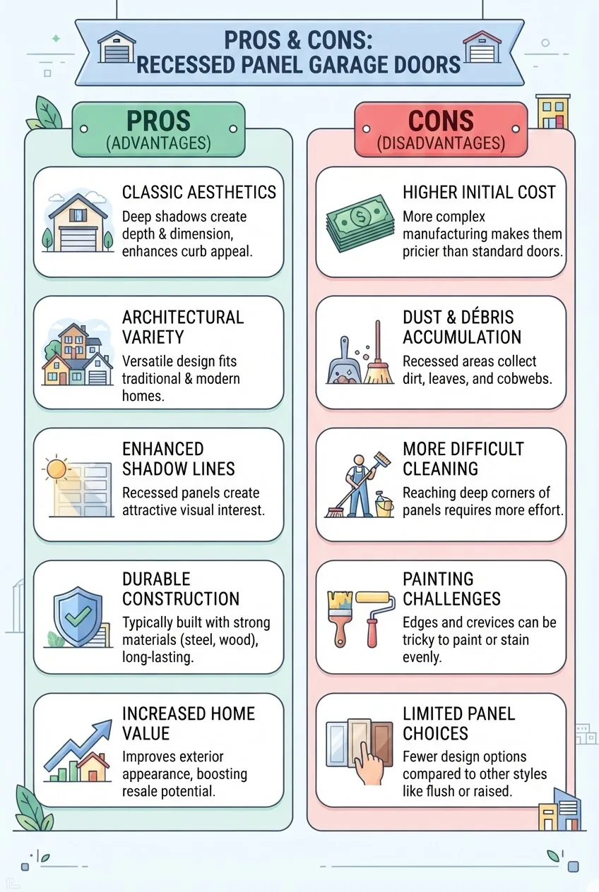 A two-column infographic comparing pros and cons of recessed panel garage doors, each column with 5 points, accompanied by simple icons for