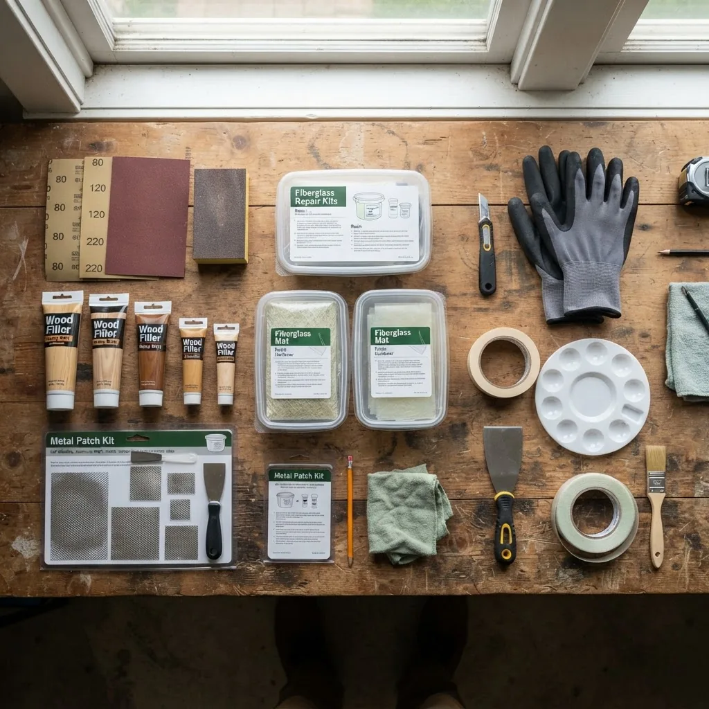 A neatly arranged flat lay of various garage door panel repair kits on a wooden surface, including fiberglass repair kits, wood filler