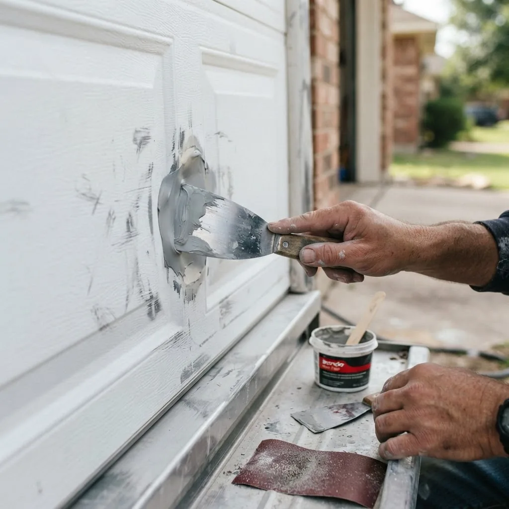 A close-up photo showing hands using a putty knife to fill a dent on a metal garage door panel, taken in bright daylight with a focus on