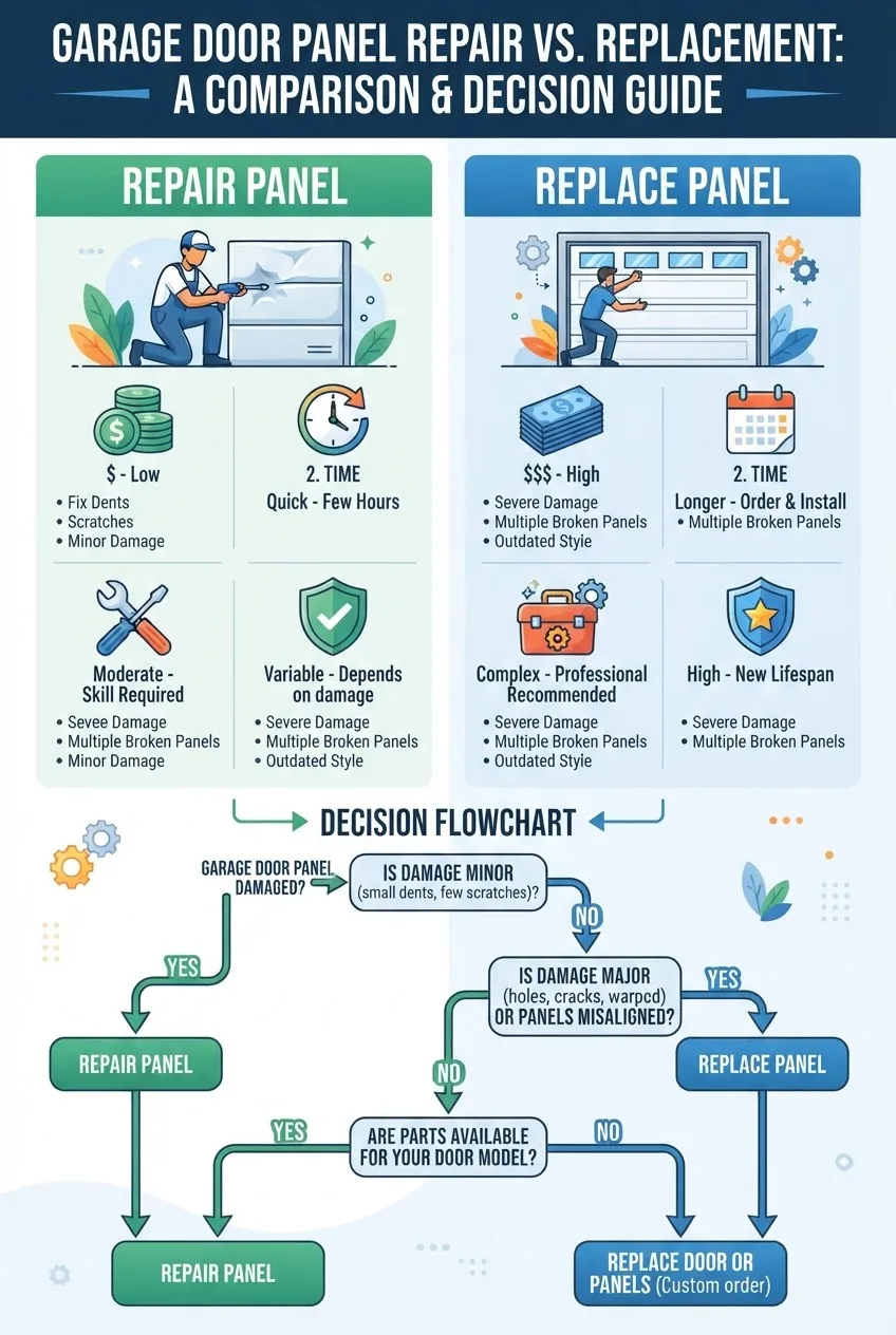 An infographic split into two columns comparing repair and replacement of garage door panels, with icons showing cost, time, difficulty,
