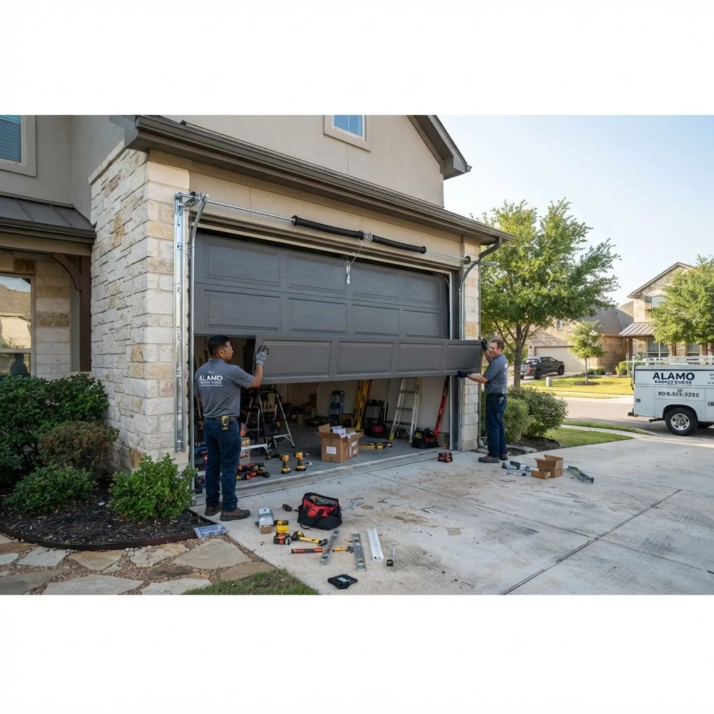 a residential garage door installation in progress at a modern suburban home in Cibolo Texas, installers handling panels with equipment