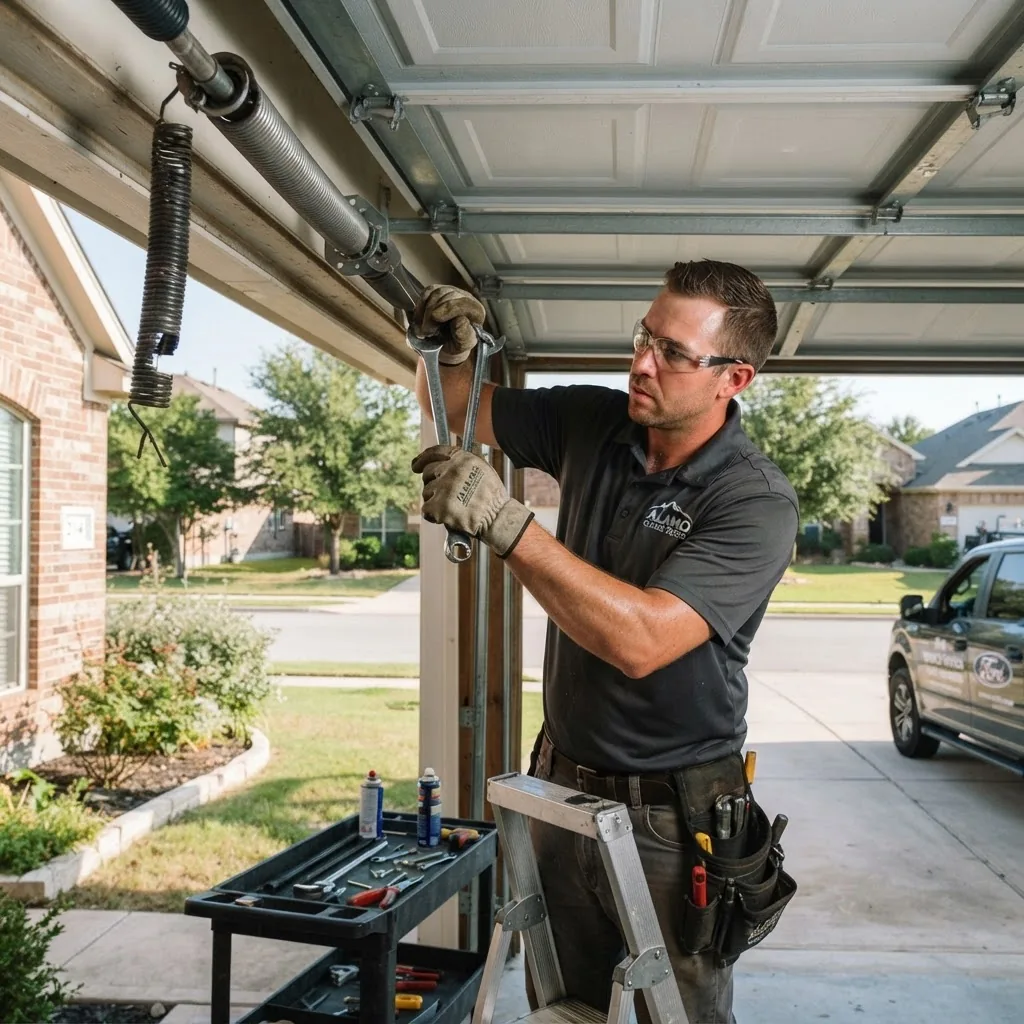 a professional technician repairing a residential garage door spring outdoors in a suburban Cibolo neighborhood, clear daylight, tools in