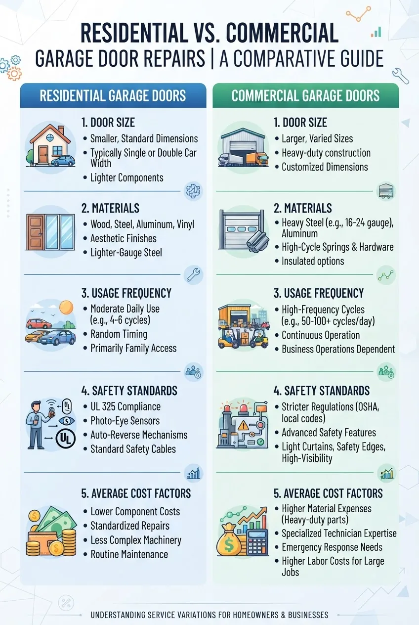 shows two columns comparing residential and commercial garage door repairs, each with icons representing door size, materials, usage