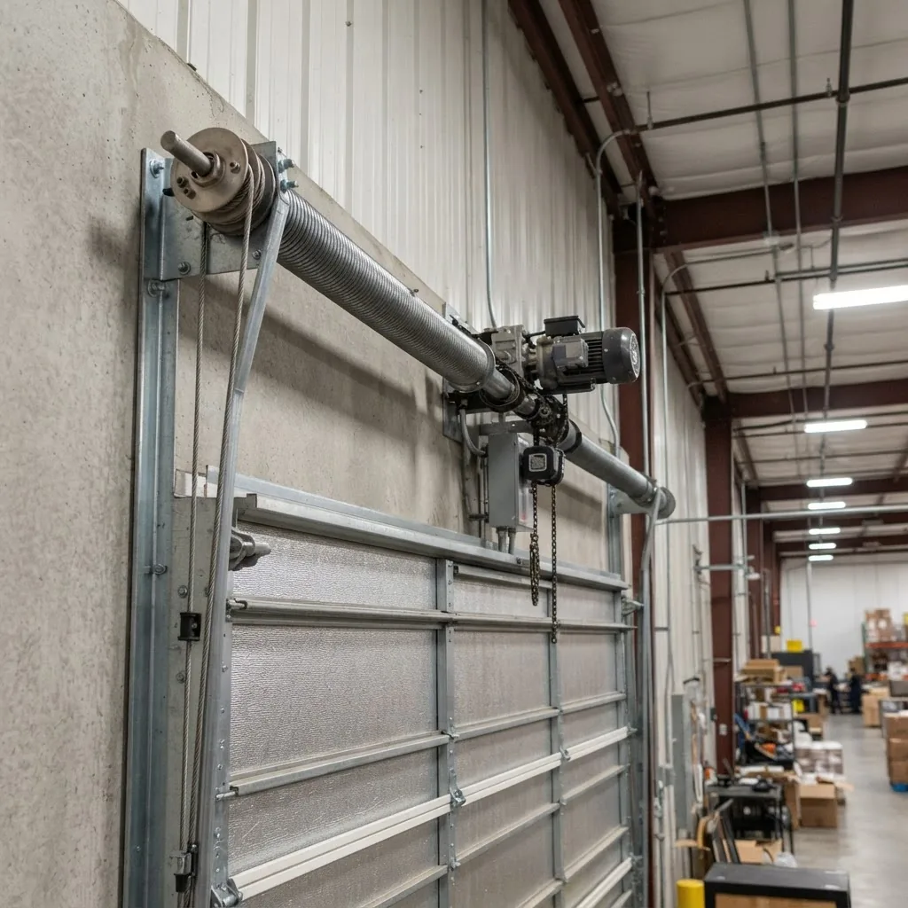 a commercial garage roll up door’s torsion springs and motorized operator mounted above the door, with clear visibility of winding cones