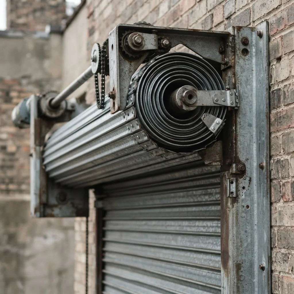 a commercial roll up garage door’s key components including the door curtain slats, barrel drum, end locks, and vertical guides, captured