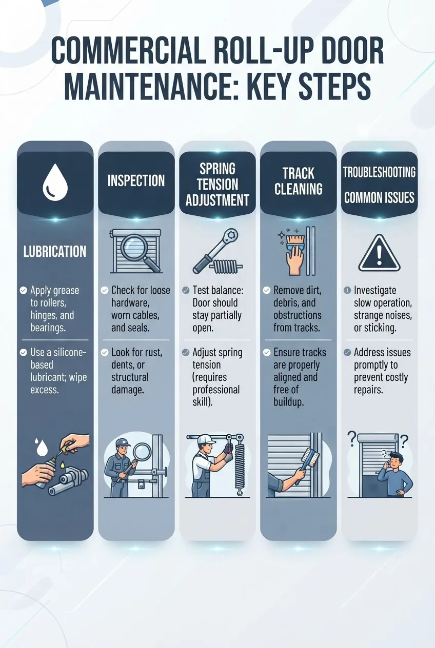 is organized into five vertical columns covering the key maintenance steps for commercial roll up doors: lubrication, inspection, spring