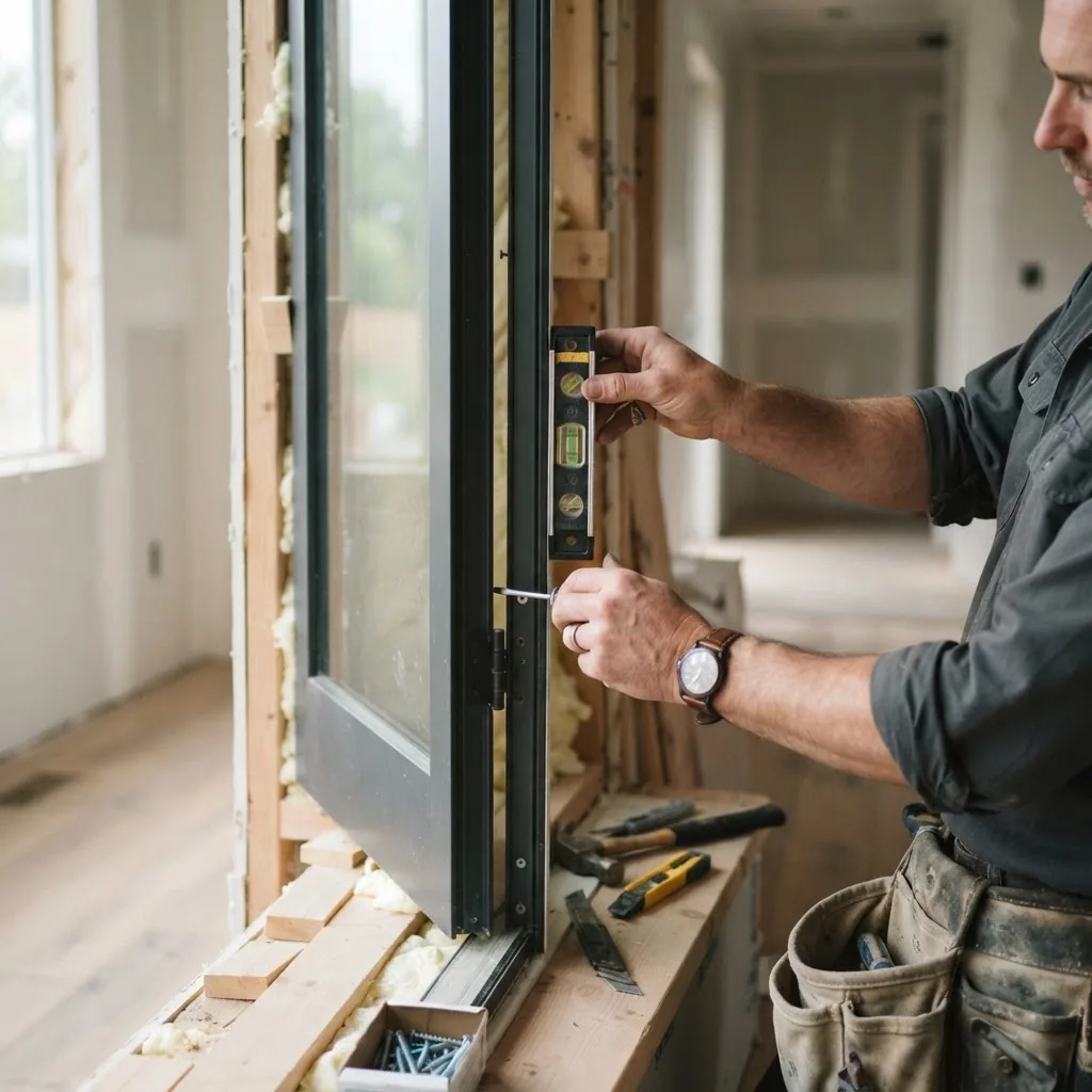a single glass exterior door installation in progress, focusing on tools, materials, and professional hands adjusting the door frame, with