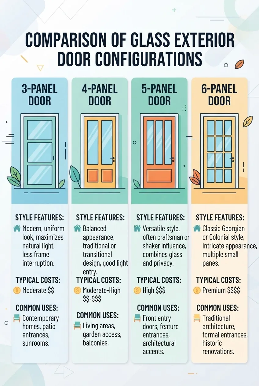 shows a side-by-side comparison of 3-panel, 4-panel, 5-panel, and 6-panel glass exterior doors, each illustrated by a simple door icon with