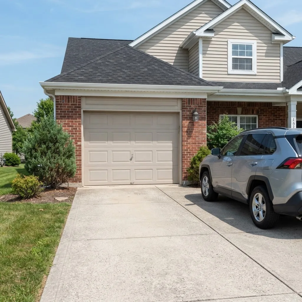 A well-lit, front-facing photograph of a standard single-car garage door on a suburban home, showing clear concrete driveway leading to