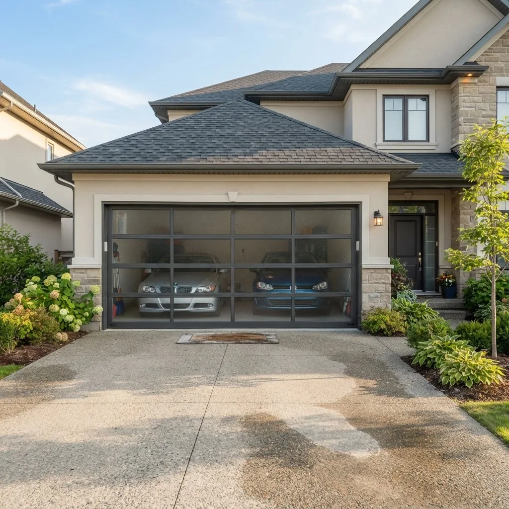 A bright image of a double garage door with two cars parked inside visible through slightly transparent glass panels, taken from driveway