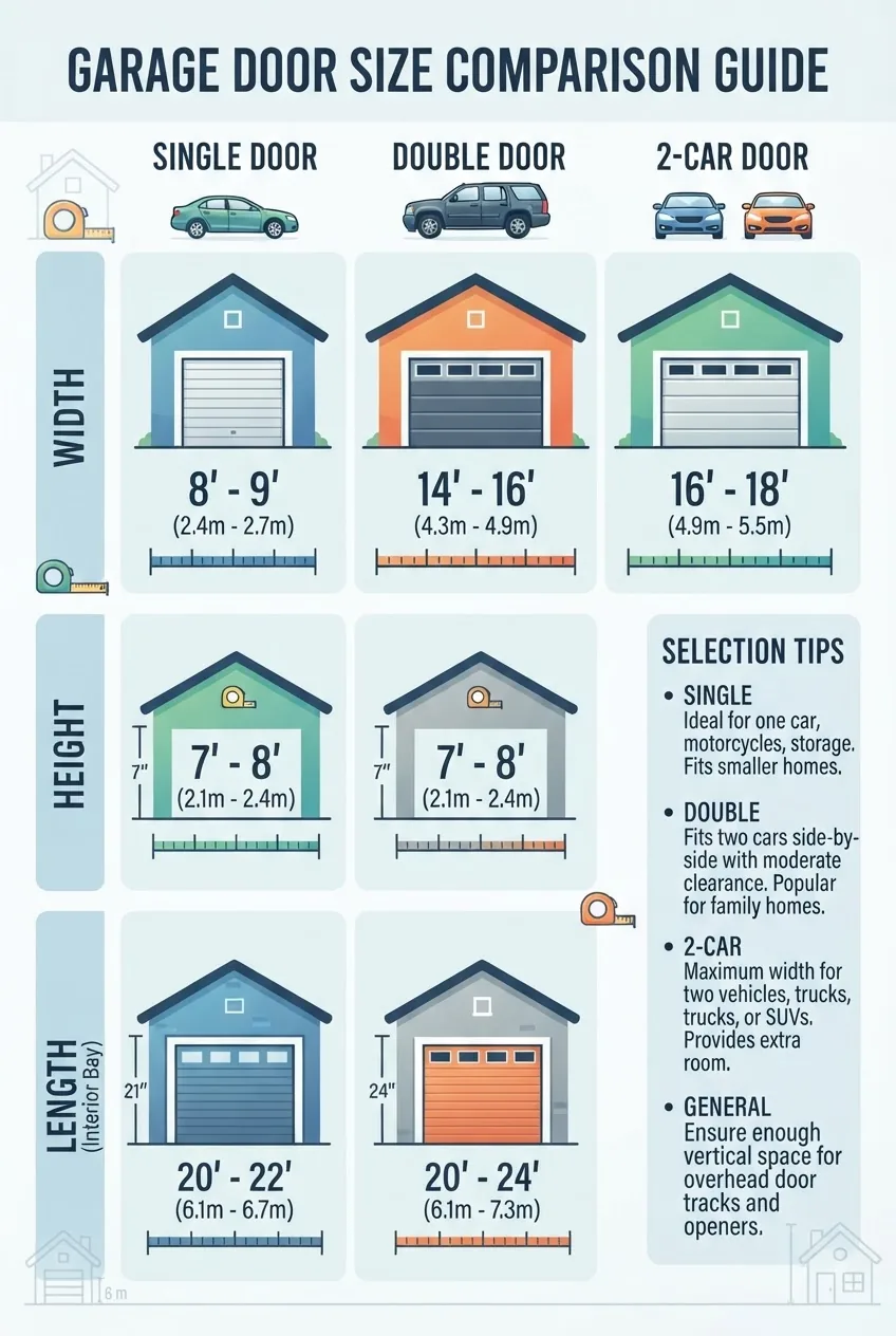 compares typical garage door sizes: columns for Single, Double, and 2-car sizes; rows for Width, Height, Length; each cell includes a