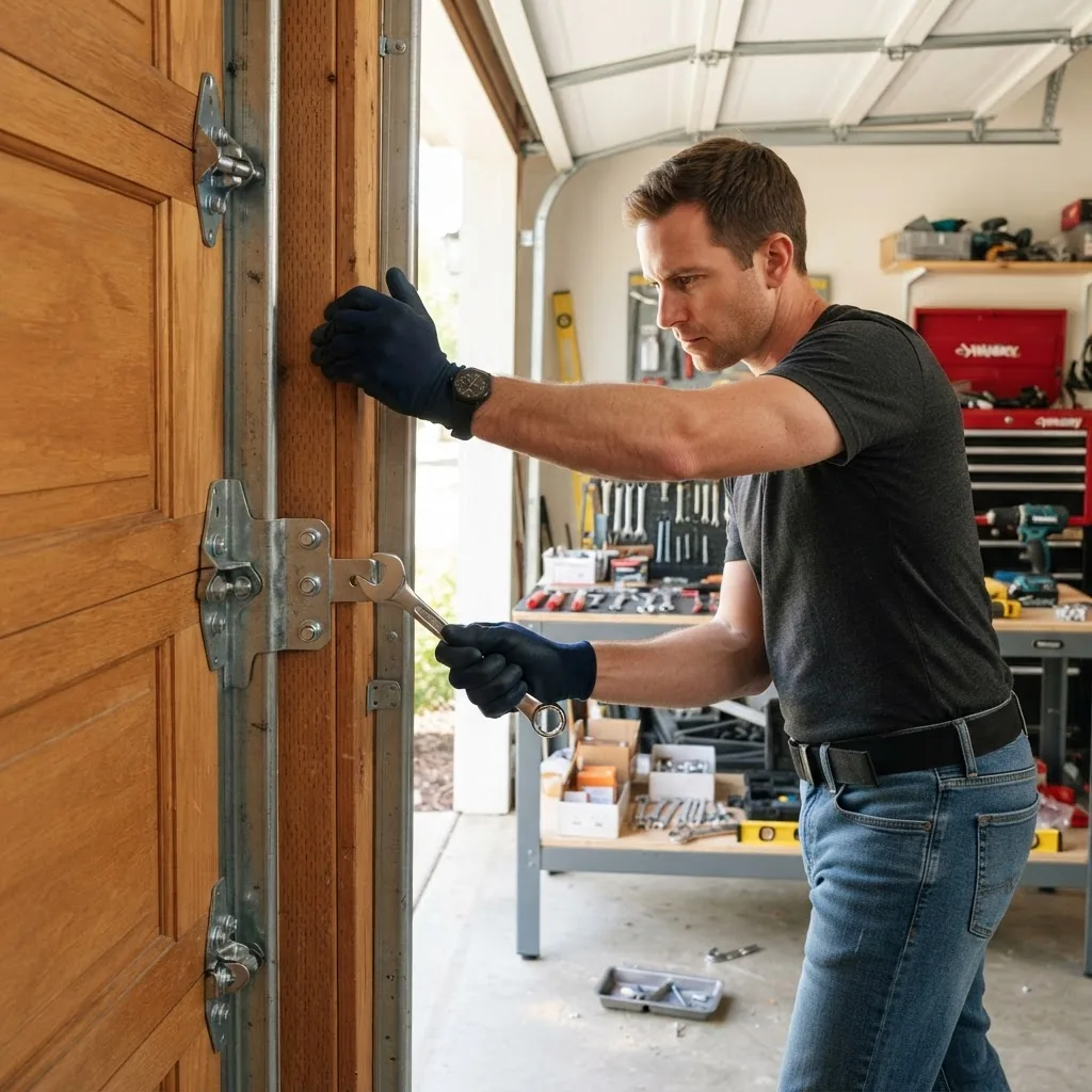 Action shot of a person installing a tilt up garage door hardware bracket onto a wooden garage door frame, using a wrench with protective