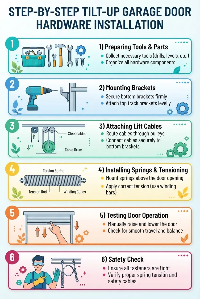 A clean, easy-to-follow infographic divided into six horizontal steps illustrating tilt up garage door hardware installation: 1) Preparing