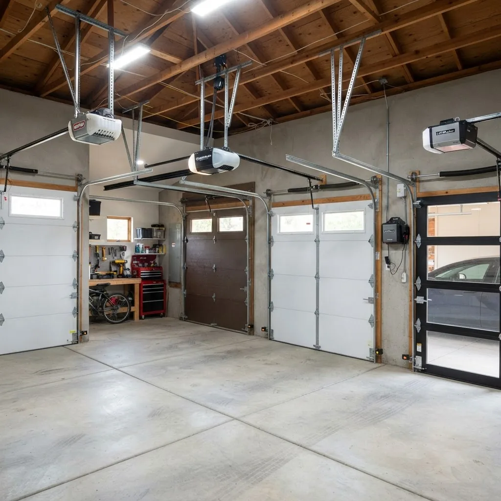 well-lit garage interior showing four different types of garage door openers (chain drive, belt drive, screw drive, jackshaft) mounted