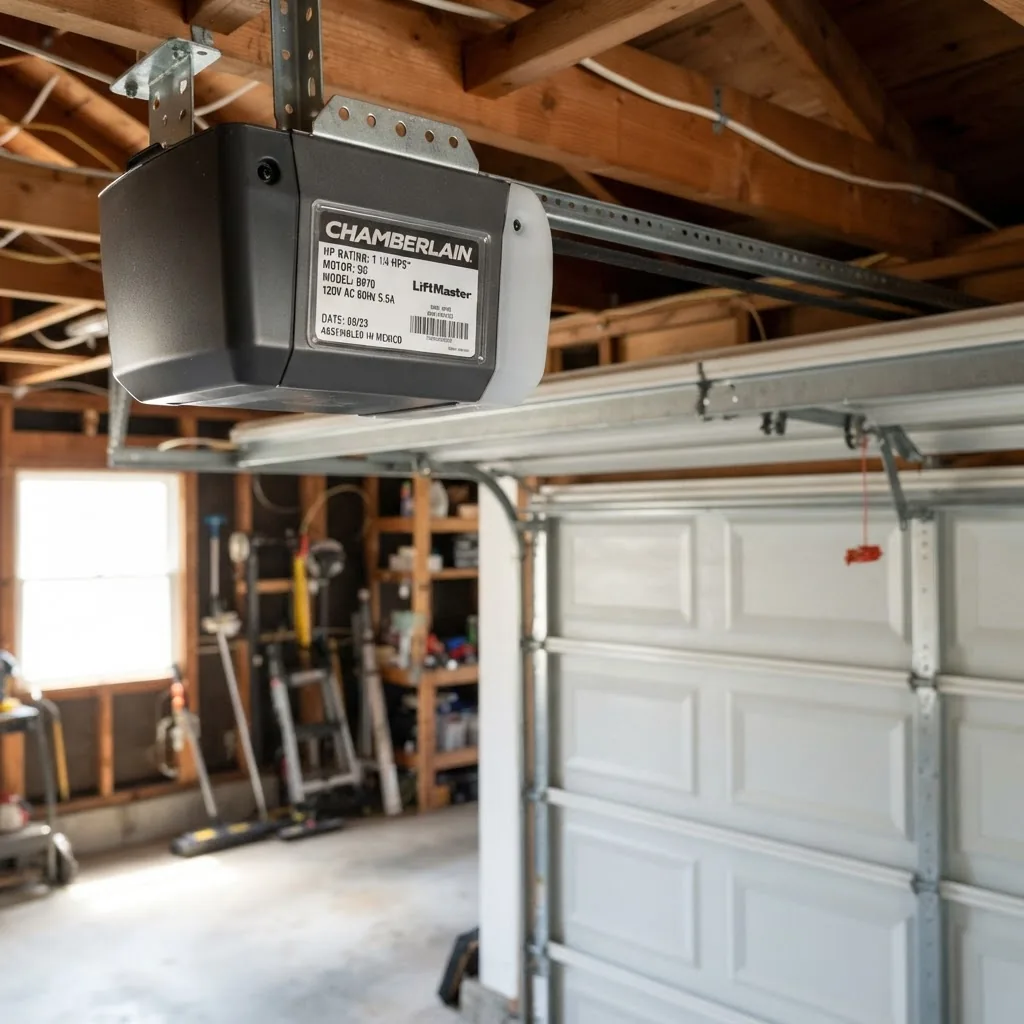 a garage door opener motor with an overlay of a clear horsepower rating label, next to a medium-sized garage door illustrating the size and