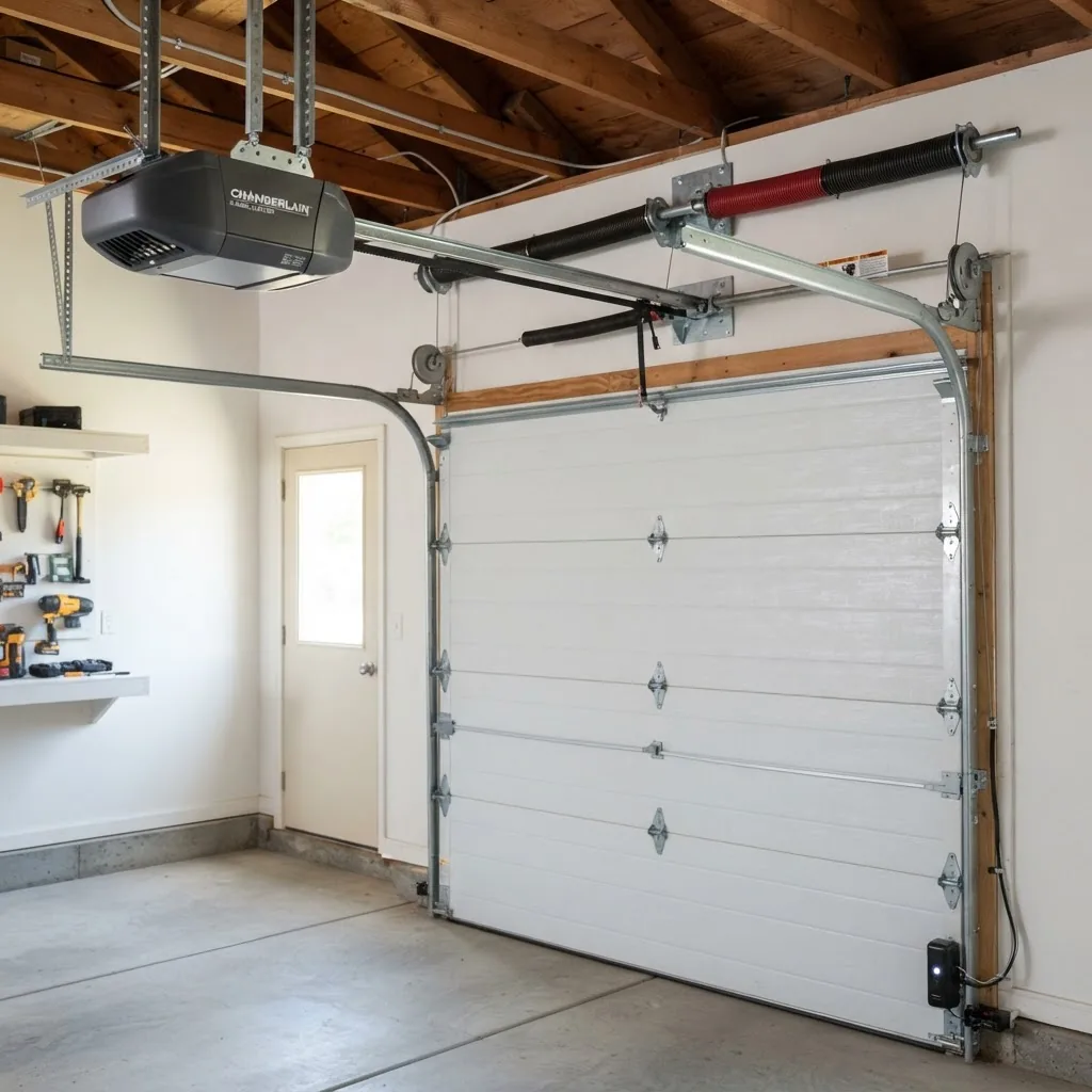 a residential garage door opener system installation, showing a belt drive motor unit connected to the torsion spring system above the