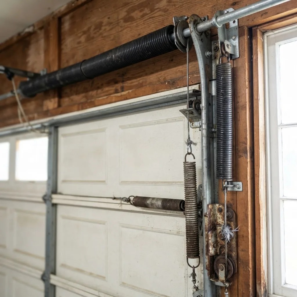 a close-up photo of three distinct garage door springs—a torsion spring mounted horizontally above a garage door, an extension spring with