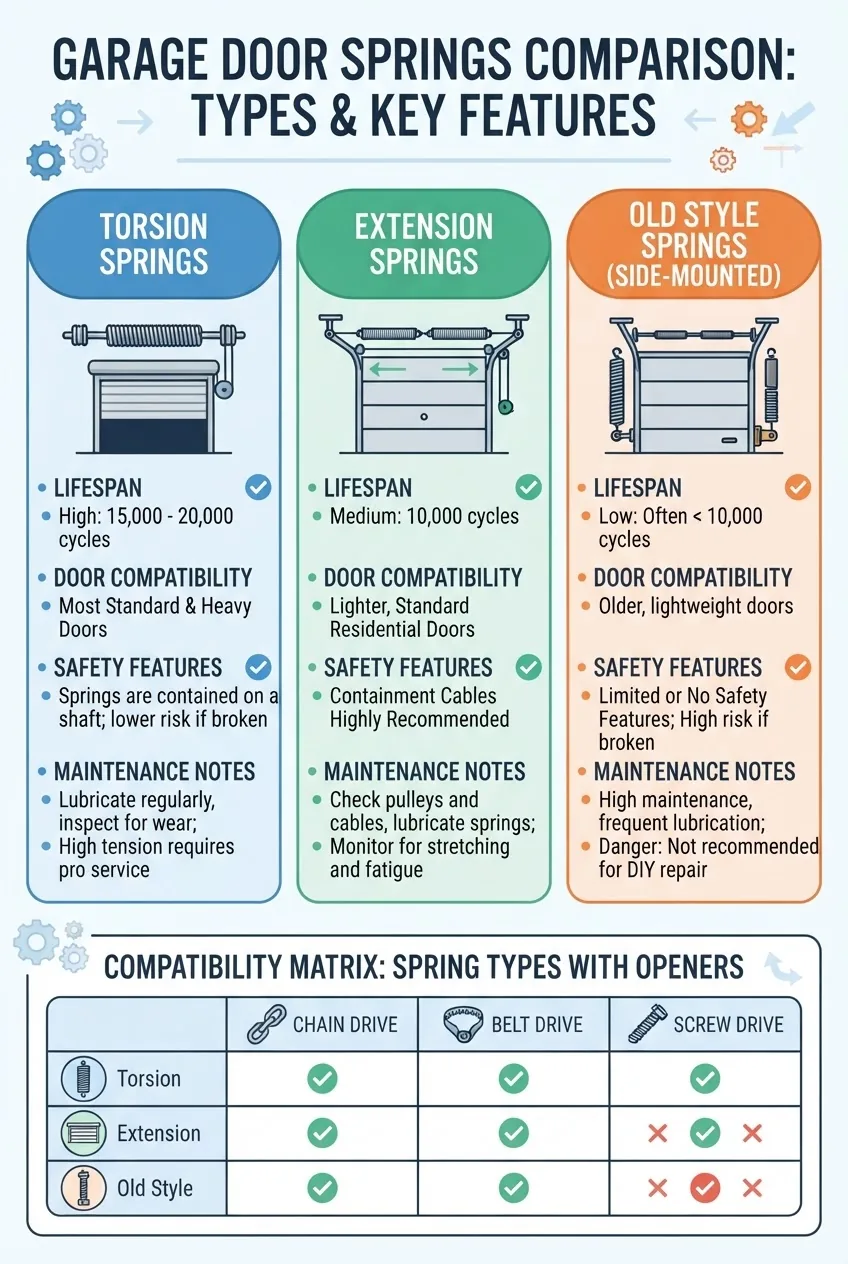 with three vertical columns comparing torsion springs, extension springs, and old style garage door springs. Each column includes an icon